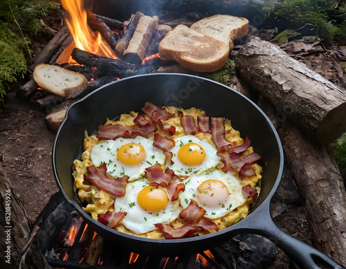 Camping breakfast with bacon and eggs. Fried eggs with bacon in a pan in the forest. Food at the camp. Scrambled eggs with bacon on fire. Picnic