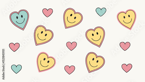 Groovy heart shapes with smiley faces and outline isolated on white background