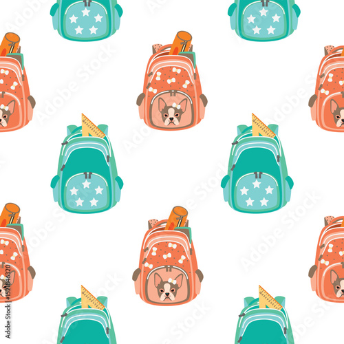 Back to school seamless pattern with children's backpacks. Rucksacks are decorated with a dog, bows, stars. Blue, pink, beige colors on white background. Vector cartoon illustration. Print on fabric