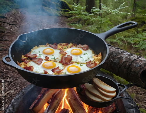 Camping breakfast with bacon and eggs. Fried eggs with bacon in a pan in the forest. Food at the camp. Scrambled eggs with bacon on fire. Picnic
