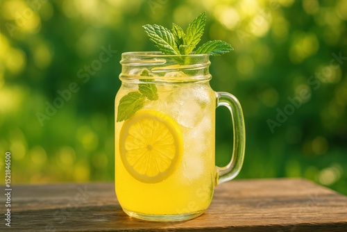 Refreshing summer lemonade with mint and ice on a sunny day