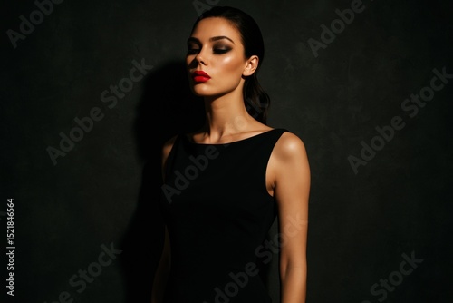 High fashion glamour portrait of elegant woman in black dress with dramatic lighting