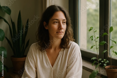 Serene natural portrait of a woman in a peaceful home setting