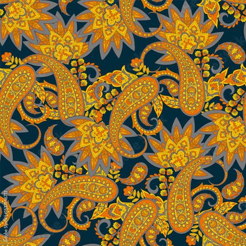 Madhubani, Kalamkari, Chinz, and Kani seamless pattern. Shirting fabric, Ajrakh and Ikat styles. Patola backdrop. Floral allover design