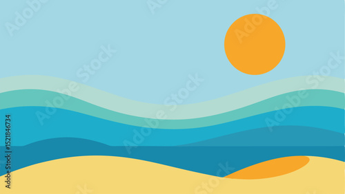 Minimalist flat landscape depicting beach waves sun and sandy dunes on a transparent background