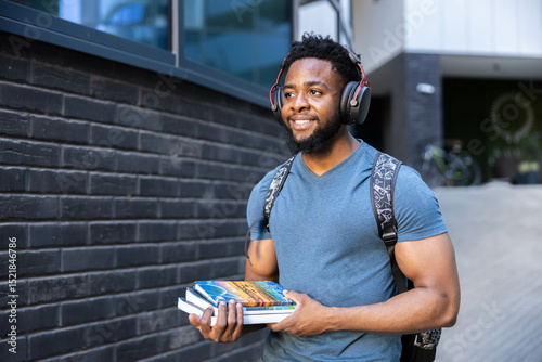 A cheerful young man is walking outdoors carrying books, enjoying his time while wearing headphones and a backpack.