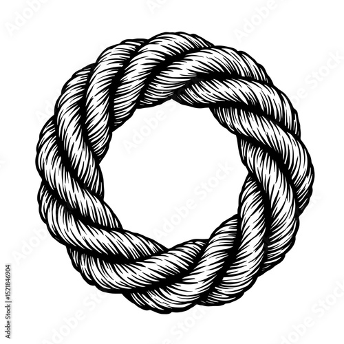 Intricate rope circle, a symbol of strength and unity, its texture and form beautifully captured in a black and white drawing.