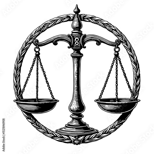 Balance of justice icon in a symbolic visual representation of scales, surrounded by a decorative element.