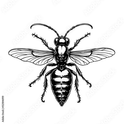 Vector drawing of wasp in black and white, highlighting nature's precision.