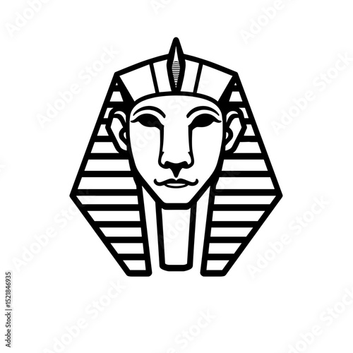 A striking black and white line drawing of a pharaoh's mask, it evokes a sense of ancient power, mystery, and the grandeur of a forgotten era.