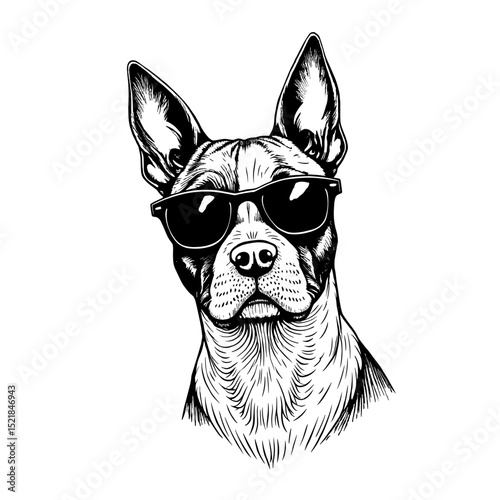 A cool Boston Terrier wearing sunglasses with a sophisticated look and a relaxed persona. A captivating sketch, illustrating the dog's coolness and fashionable style. 