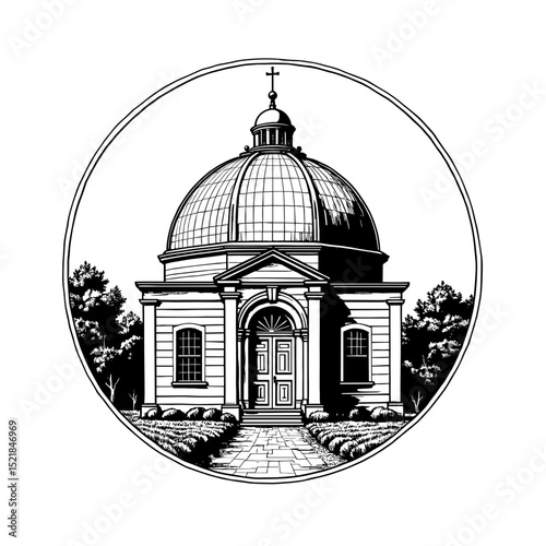 A serene chapel, rendered in elegant black and white, stands as a symbol of peace and contemplation. Its classic architecture, framed within a circular emblem, hints at history and reverence.