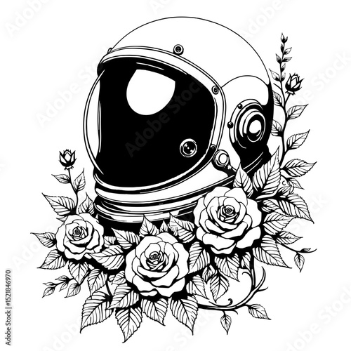 A space helmet adorned with elegant roses, blending the realms of cosmic exploration with botanical beauty in a striking monochrome illustration.