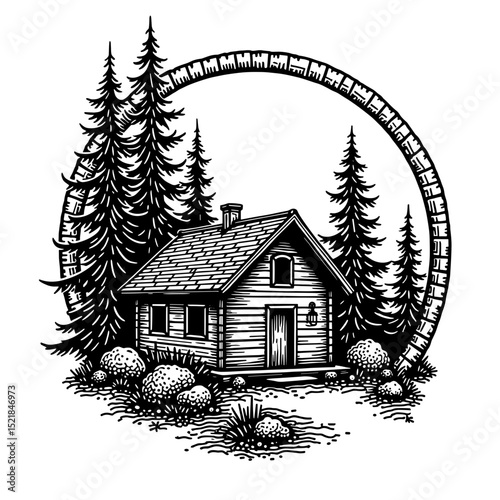 A picturesque cabin nestled amidst towering evergreen trees, creating a serene, hand-drawn style scene. The sketch evokes a sense of tranquility and rustic charm.