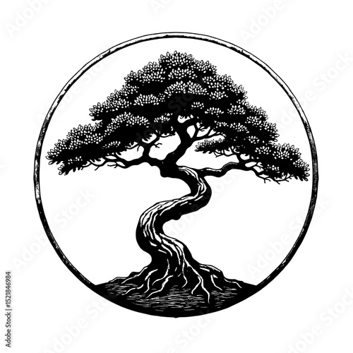 A stylized bonsai tree in a circle logo, with intricate linework, evoking a sense of serenity and natural artistry.
