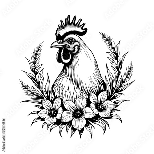 A regal rooster, illustrated with intricate detail, encircled by delicate blossoms and wheat, symbolizing rural life and vitality.