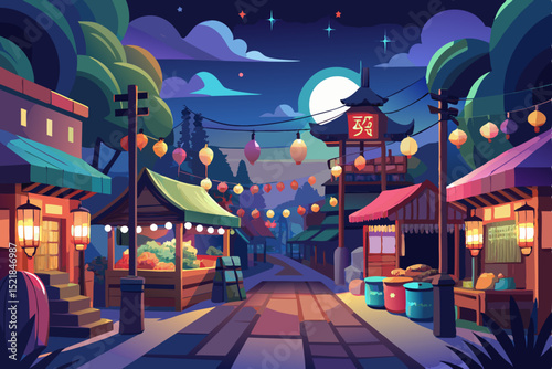 Winter night city street illustration with glowing house windows and a moonlit sky