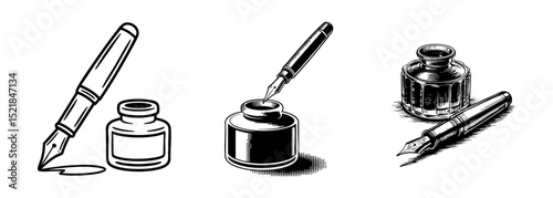 set of fountain pen and inkwell , vintage writing tool vector illustrations for calligraphy and classic stationery
