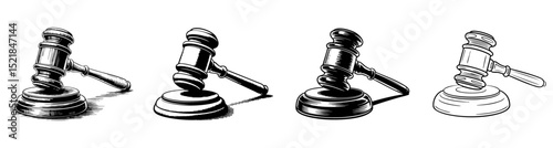 set of vintage judge gavel icons, law and justice vector illustrations for court and legal proceeding