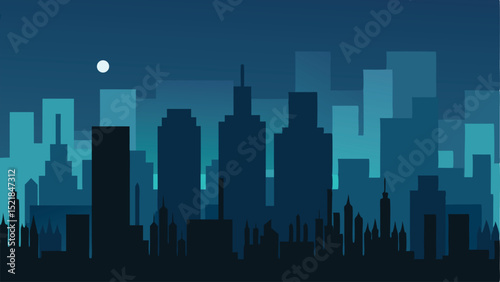 Night cityscape skyline silhouette with geometric buildings and moon transparency design