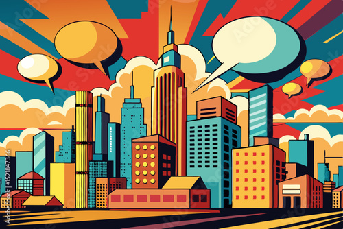 Colorful urban night skyline with abstract city buildings and towering skyscrapers