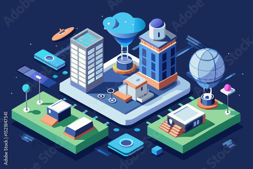 Isometric vector illustration of a space shuttle launching from a city, integrated into a futuristic urban architecture design