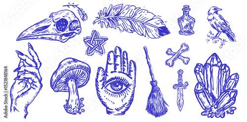 Collection of hand drawn occult mystic witchcraft symbols