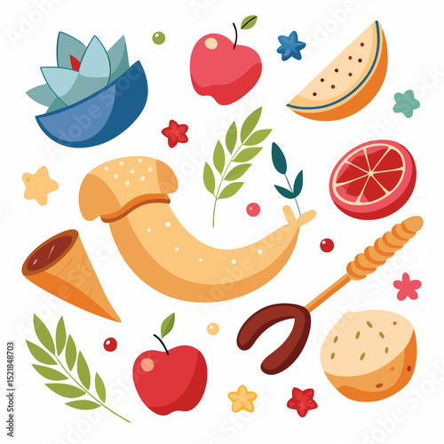 Rosh Hashanah Vector Icons with Apples, Honey, Shofar on White Background