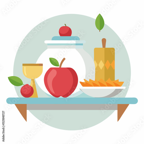 Rosh Hashanah Vector Icons with Apples, Honey, Shofar on White Background