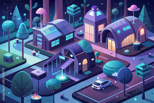 Isometric vector illustration of a night city street scene with urban buildings, homes, and industrial factories, perfect for architectural design or a business map