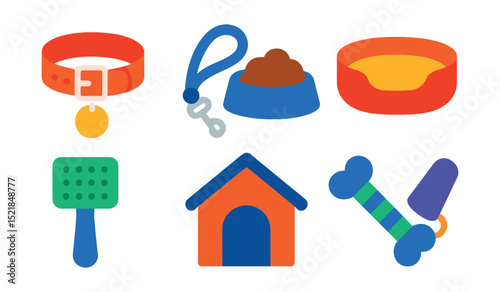 Flat vector icons of pet accessories: collar, leash, pet bowl, pet bed, grooming brush, pet house, chew toy, training whistle.