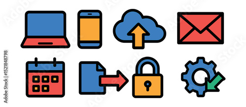 Flat vector icons of digital tools: laptop, smartphone, cloud storage, email, calendar, file sharing, security lock, software update.