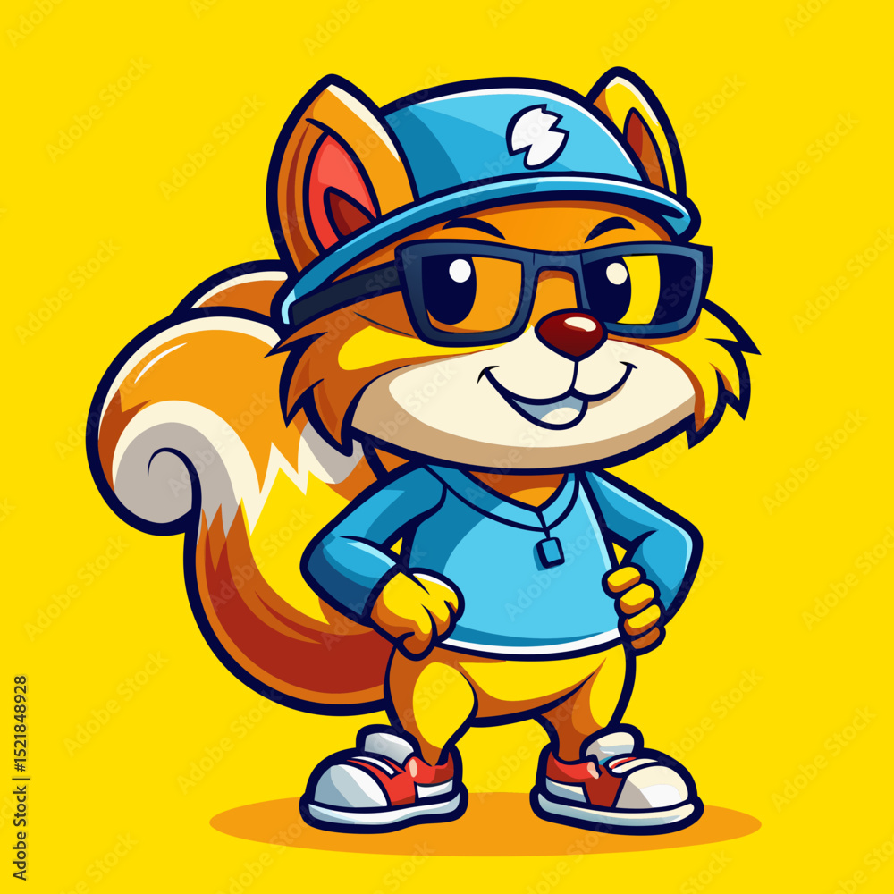 Naklejka premium Cool Squirrel Vector – Funny Cartoon Animal Wearing Hat and Sneakers