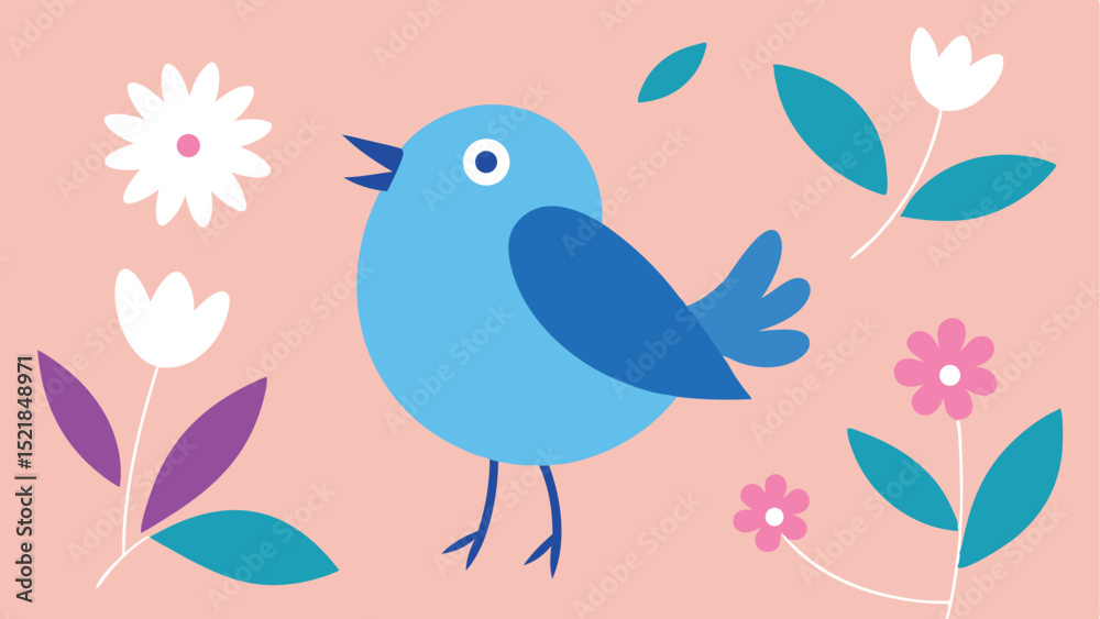 Obraz premium Playful blue bird surrounded by flowers and leaves in a simple vector illustration