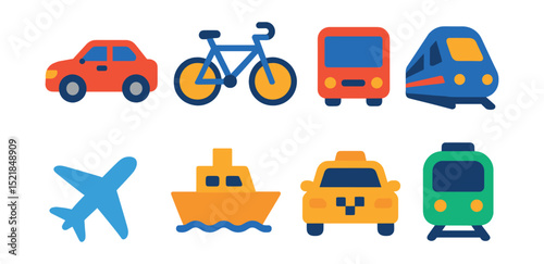 Flat vector icons of transportation: car, bicycle, bus, train, airplane, boat, taxi, subway.