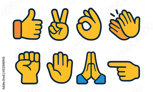 Flat vector icons of hand gesture emojis: thumbs up, peace sign, OK hand, clapping hands, raised fist, waving hand, folded hands, pointing finger.