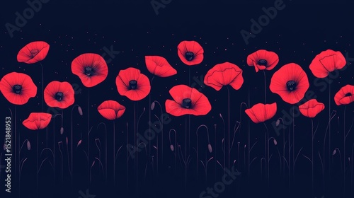 Red poppy flowers bloom vibrantly against a dark background in a minimalist, artistic illustration.