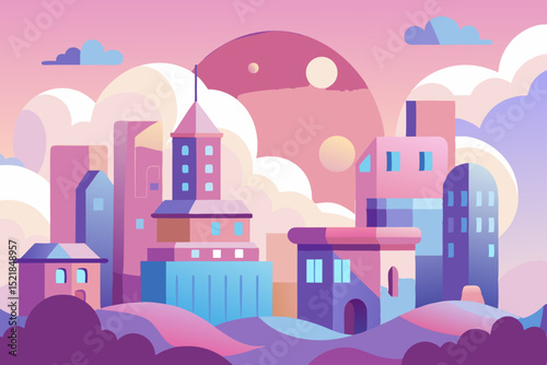 Colorful cartoon city vector illustration with urban landscape and buildings under a sunny sky