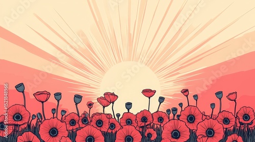 Illustrated red poppy field at sunrise with radiant sunbeams and a colorful sky in the background.