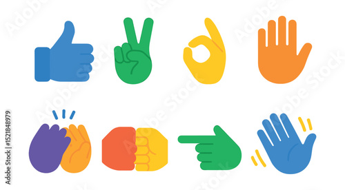 Flat vector icons of hand sign emojis: thumbs up, peace sign, OK hand, raised hand, clapping hands, fist bump, pointing finger, waving hand.