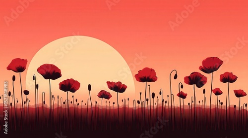 Red poppies silhouetted against a large setting sun with a vibrant orange sky create a peaceful, artistic sunset landscape.