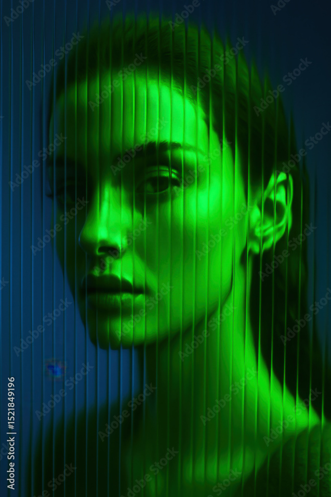 Obraz premium Conceptual Portrait Through Textured Glass with Green Lighting
