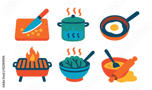 Flat vector icons of cooking techniques: chopping, boiling, frying pan, baking, grilling, steaming, mixing bowl, rolling pin.