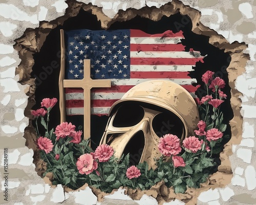 A weathered American flag, military helmet, cross, and pink flowers are framed by a torn wall, symbolizing remembrance and sacrifice.