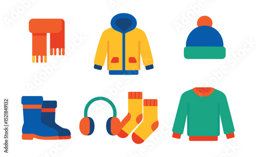 Flat vector icons of winter clothing: scarf, gloves, winter coat, beanie, snow boots, earmuffs, thermal socks, sweater.