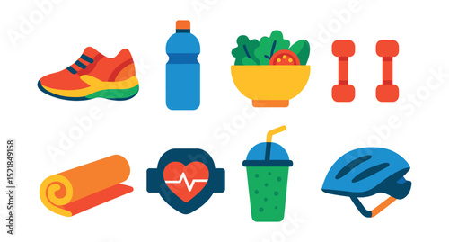 Flat vector icons of healthy lifestyle: running shoes, water bottle, salad bowl, dumbbells, yoga mat, heart rate monitor, smoothie, cycling helmet.