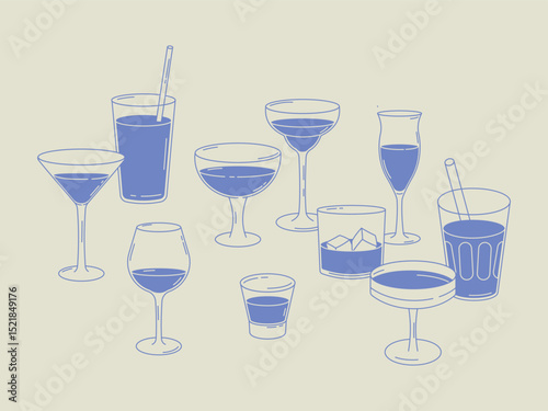 Collection of various cocktail and drink glasses filled with blue beverages. Minimal hand-drawn style, perfect for bar menus, drink guides, posters, and mixology designs.