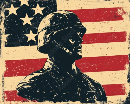A vintage-style illustration of a soldier in uniform stands before a distressed American flag background, symbolizing patriotism and military service.