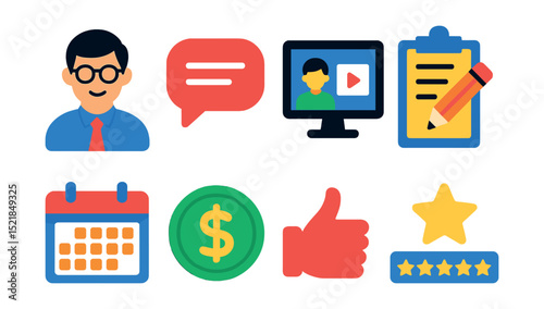 Flat vector icons of online tutoring: tutor avatar, chat bubble, shared screen, homework assignment, schedule, payment, feedback, star rating.