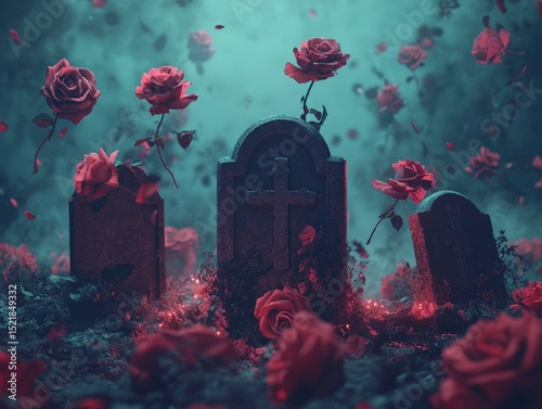 Misty graveyard scene with red roses blooming and floating around old tombstones, creating a surreal and haunting atmosphere.